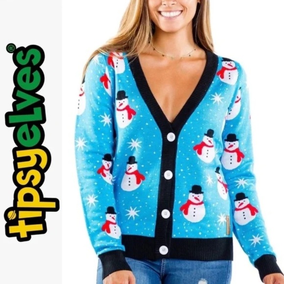 Tipsy Elves WOMEN'S SNAZZY SNOWMAN CARDIGAN SWEATER Size L Light Blue Holiday - Picture 12 of 12